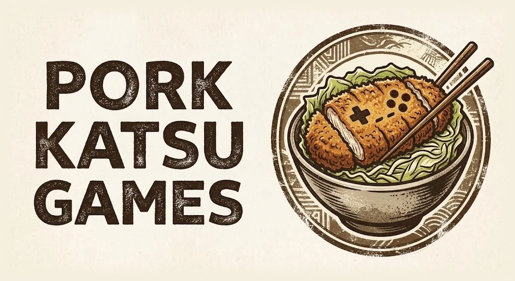 Pork Katsu Games logo: a bowl of pork katsu with a game controller pressed into the crust